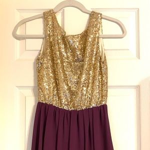 Unknown brand, small, sleeveless, plum, and gold sequin dress.